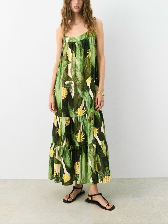H&M Dresses & Skirts - H&M Tropical Palm Print Maxi Dress Voluminous Tie Strap Resort Vacation Dress